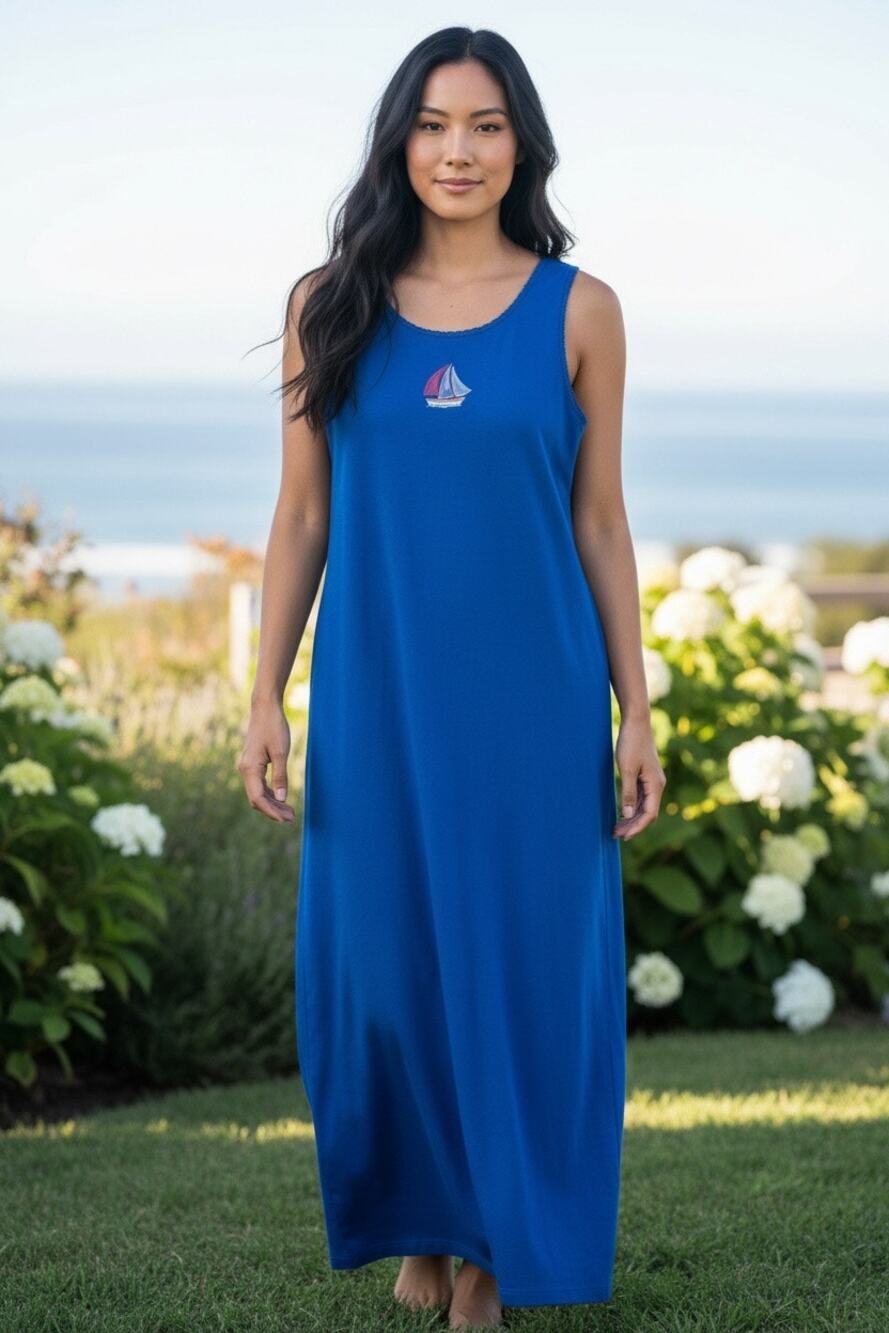 Sag Harbor royal blue sleeveless maxi dress sailboat embroidery LINEN Size 12/14
